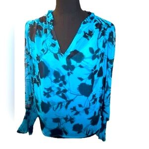 INC Blue & Black Floral Long Sleeved Sheer Blouse, Matching Camisole, XS, NWT